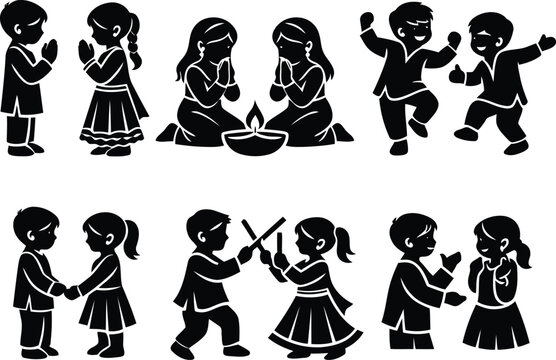 Black and white vector illustration set featuring Indian children celebrating traditional diwali festival with dance music worship and joyous activities