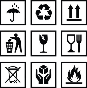 Essential shipping symbols collection featuring bold black vector icons for cargo packaging and logistics labels in clean minimalist artistic style