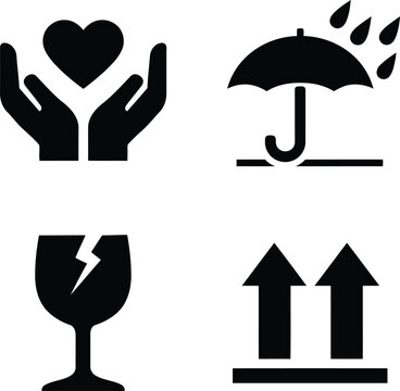 Minimalist vector graphic set featuring four essential shipping and logistics package handling symbols presented in bold solid black ink style