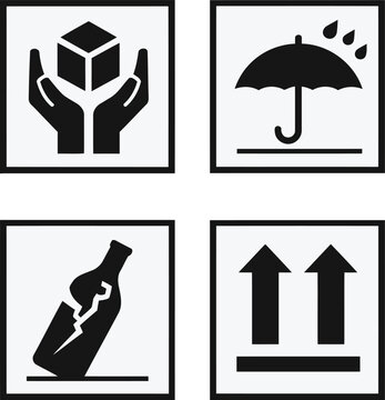 Standard black shipping icons depicting fragile cargo handling instructions presented as a minimalist vector graphic set for global logistics packaging