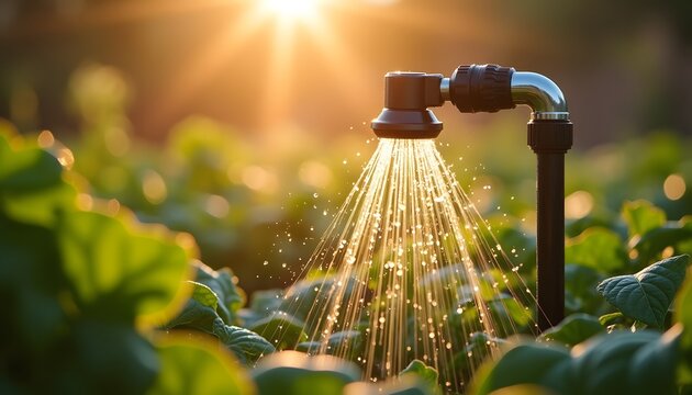 Water sprinkler irrigating lush green plants in a garden with warm golden hour sunlight.
