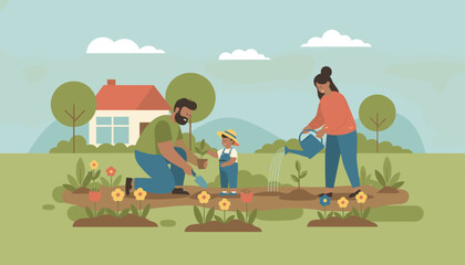 Naklejka premium Happy young family including mother father and toddler child plant flowers and water the soil in their garden backyard.