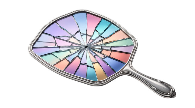 Shattered vintage hand mirror with colorful iridescent glass shards, broken antique silver vanity mirror, cracked reflective surface with pastel rainbow colors isolated PNG with Transparent