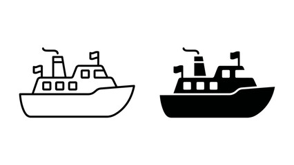 Ferry Boat Icon: A simple graphic illustration depicting a ferry boat in two styles - line art and solid silhouette, ready for maritime transport or travel themes. © Mdhd