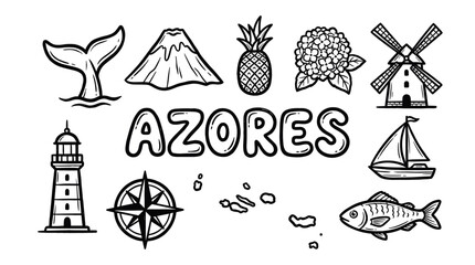 Fototapeta premium Azores Travel Icons in Minimal Black and White Doodle Style