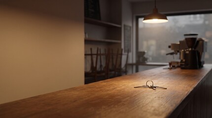 Fototapeta premium Keys resting on a long wooden counter inside a dimly lit cafe with a coffee machine and window view.