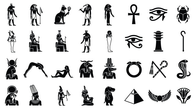 Black silhouette icon set of Ancient Egyptian deities and symbols including Anubis, Osiris, Horus, Isis, Bastet, Ankh, Eye of Horus, scarab beetle, pyramids, and mythological figures.