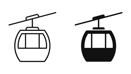 Fototapeta premium Cable Car Icons: Two stylized cable car icons, one outlined in black and white and the other in solid black, suspended from an overhead cable, ready for transport.