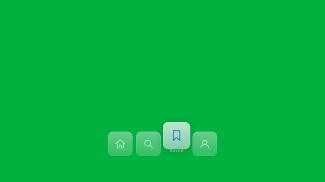 Animated floating bottom tab bar navigation with glowing selection effect on green screen, mobile