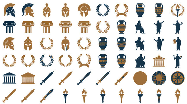 Collection of sixty ancient Greek and Roman vector icons featuring Spartan helmets, Ionic columns, laurel wreaths, amphora vases, philosophers, temples, gladius swords, and olympic torches.