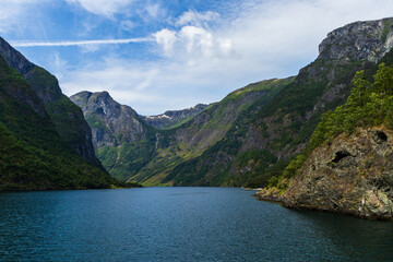 Fototapeta premium Sailing into Nærøyfjord, UNESCO World Heritage Site, Norway