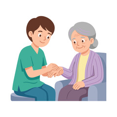 Fototapeta premium Young therapist massaging elderly woman's hand while sitting on chair 