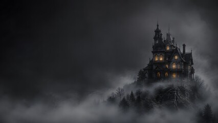 Fototapeta premium Spooky haunted mansion silhouette in a dark foggy night perfect for a dramatic and eerie halloween background design