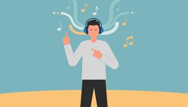 Young man wearing blue headphones and closing his eyes while enjoying his favorite music and floating notes.