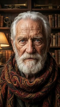 Elderly man with white beard and scarf in a cozy library