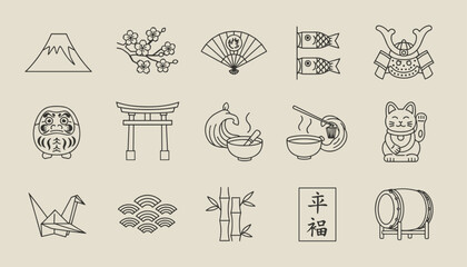 Fototapeta premium Collection of Japanese cultural icons including Mt Fuji, cherry blossoms, and a lucky cat in thin line style.