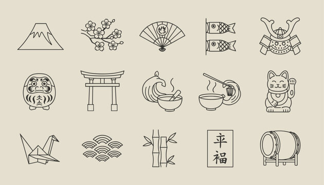 Collection of Japanese cultural icons including Mt Fuji, cherry blossoms, and a lucky cat in thin line style.