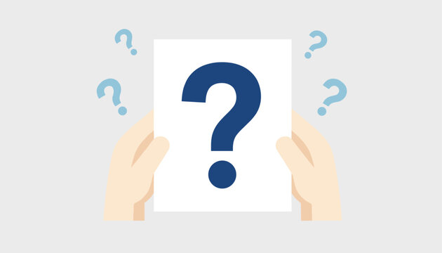 Hands holding a white sheet of paper with a large blue question mark, representing confusion and uncertainty.
