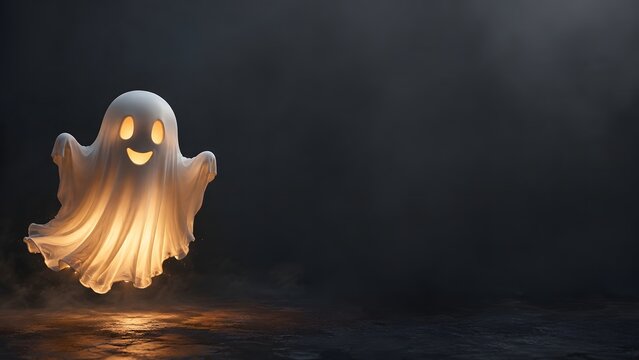 A cute glowing ghost floating in the dark night as a spooky halloween background for festive holiday designs