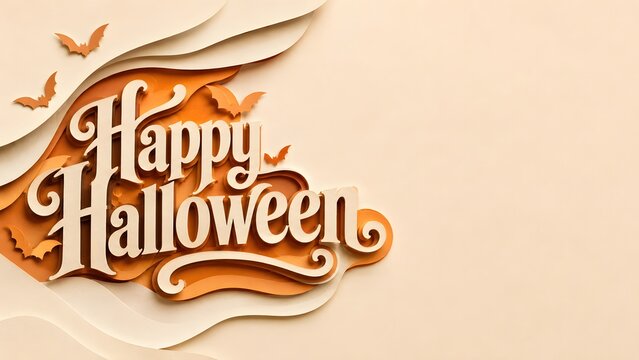 Elegant happy halloween background featuring decorative 3d typography with bats on a soft light beige textured paper surface