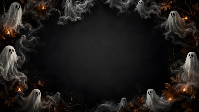 Spooky halloween background featuring a dark frame with ethereal ghosts and swirling smoke for festive holiday design projects