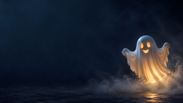 Spooky glowing ghost floating in the dark night air for a creative and atmospheric halloween background design concept