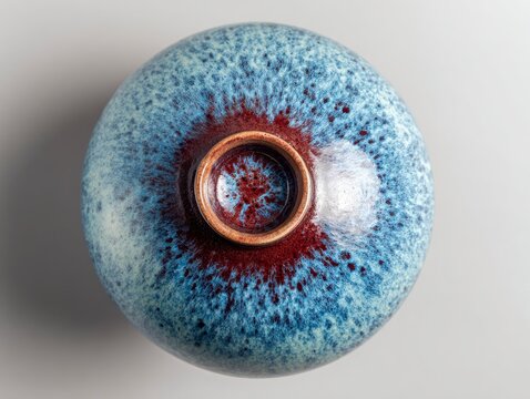 Top-down view of a ceramic bowl with a speckled blue and red reactive glaze, showing the bottom base and texture on a plain light grey background.