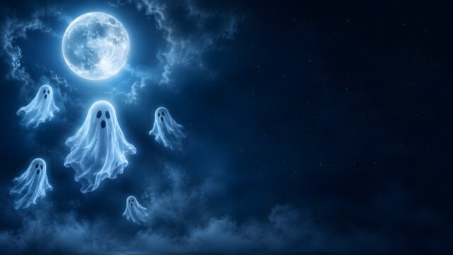 Spooky halloween background featuring glowing ghosts floating under a bright full moon in a dark night sky