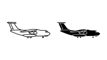 Cargo Jetliner Icons: A pair of minimalist icons depicting a cargo jetliner, one in outline and the other in silhouette, ready for aviation or transport themes. © Md