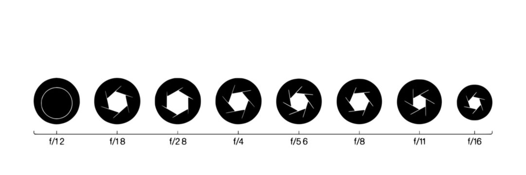 Camera Aperture Diagrams Showing Different F-Stop Settings Featuring Photography, Lens, Diagram with Black and White Elements