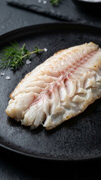 Grilled white fish fillet served on black plate with herbs and sea salt garnish macro shot