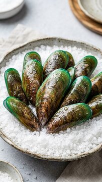 Fresh green lipped mussels on sea salt in ceramic bowl for gourmet seafood culinary preparation