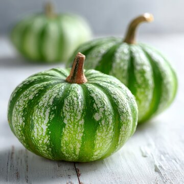 Two small, round green striped pumpkins resting on a rustic white wooden surface with a soft-focus background.