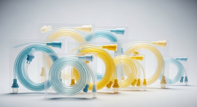 Collection of medical tubing sets with blue and yellow connectors on a neutral background, sterile medical supplies for infusion or drainage