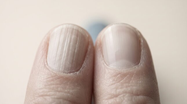 Fingers gently display two contrasting nails, one smooth and glossy while the other shows subtle ridges. Soft focus enhances the calming atmosphere, inviting curiosity and reflection.