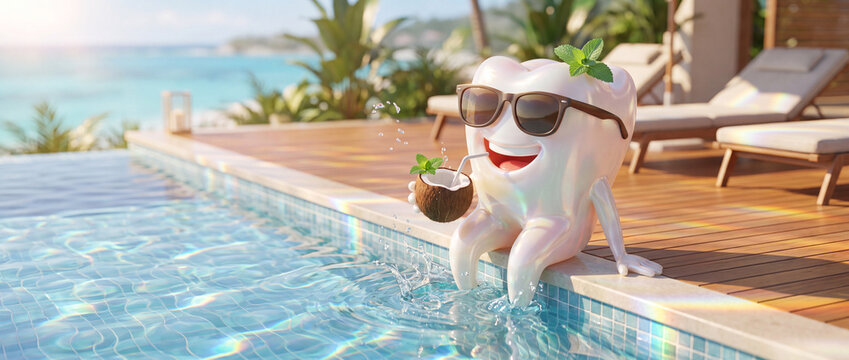 Cute tooth mascot relaxing poolside on vacation sipping a coconut drink in sunglasses by a turquoise resort pool for dental tourism and summer healthcare advertising