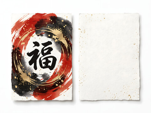 Chinese calligraphy Fu character greeting card mockup set with red, black, and gold foil watercolor brushstrokes. Traditional Lunar New Year template with copy space on deckle edge rice paper.