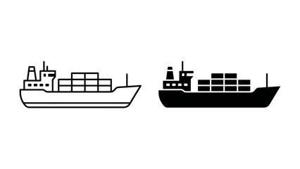 Cargo Ship Icon Set: A minimalist collection showcasing a cargo ship in both outline and silhouette, symbolizing global trade and maritime logistics. © Md