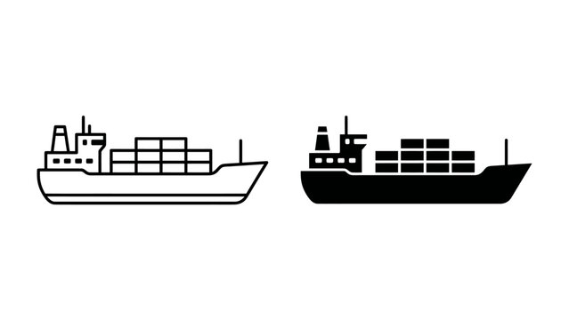 Cargo Ship Icon Set: A minimalist collection showcasing a cargo ship in both outline and silhouette, symbolizing global trade and maritime logistics.