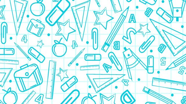 Seamless Hand Drawn School Supplies Doodle Pattern Animation on White Background.