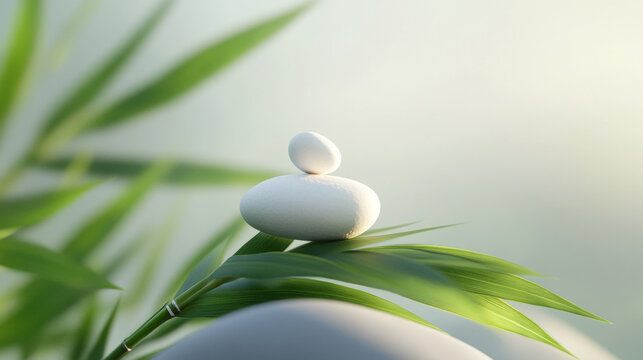 White balanced zen stones on fresh green bamboo leaves, calm and spa concept background