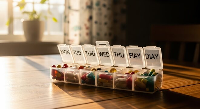 Daily pill organizer with multiple compartments filled with colorful pills and capsules, illuminated by warm sunlight