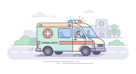 Fototapeta premium Emergency ambulance vehicle driving on city road towards hospital for medical assistance flat illustration