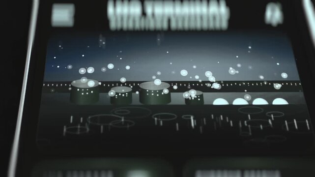 Atmospheric Night View of a 3D LNG Terminal with Storage Tanks and Glowing Particles
