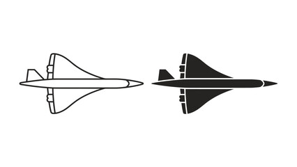 Supersonic Jet Silhouette: A striking visual comparison of a supersonic jetliner, presented in both outline and silhouette form, highlighting its sleek, aerodynamic design and powerful presence. © Mdgd