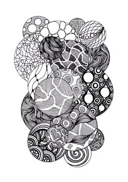 An abstract vertical composition consisting of multiple overlapping circles filled with a unique geometric or organic pattern: wavy lines, spirals, concentric circles, hatching, checkers.