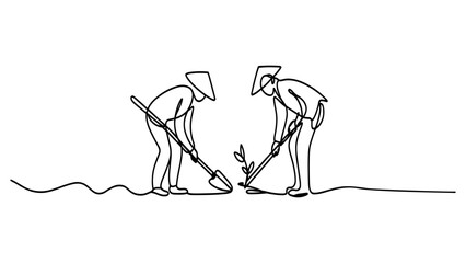 Two farmers planting a small tree in a field using shovels drawn in a continuous one line art style Vector, illustration © Dipa Roy