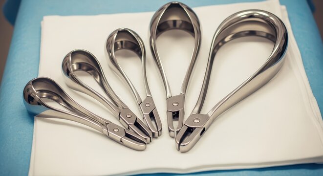 Collection of sterile surgical speculums and forceps arranged on white cloth, medical instruments for examination and procedures