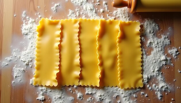 Fresh lasagna pasta sheets arranged on wooden board with flour and rolling pin.