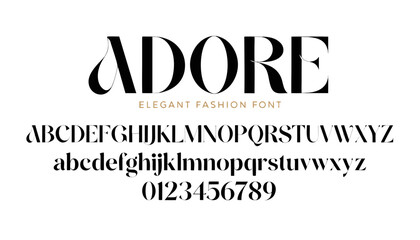 Obraz premium Very beautiful black and white realistic vector illustration of an ADORE ELEGANT FASHION FONT featuring a bold typography label reading 